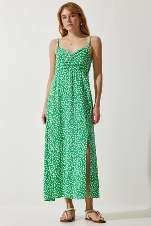 Happiness İstanbul Women's Green Strap Patterned Viscose Dress