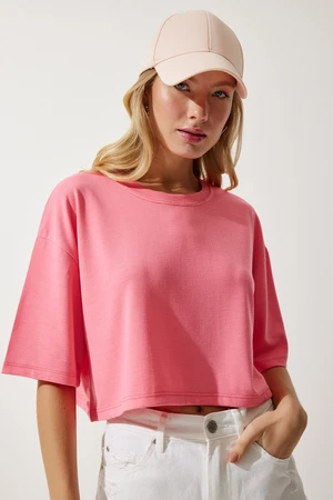 Happiness İstanbul Women's Pink Basic Crop Knitted T-Shirt