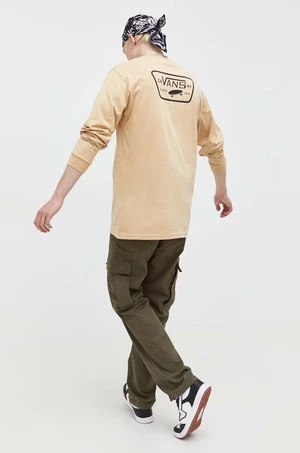 Bavlněné tričko s dlouhým rukávem Vans béžová barva, s potiskem
