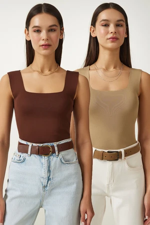 Happiness İstanbul Women's Brown Biscuit Square Neck Thick Strappy 2 Pack Knitwear Blouse