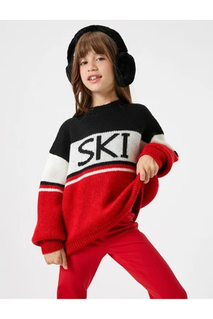 Koton Sweater Round Neck Color Blocked Text Detailed