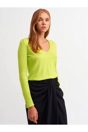 Dilvin 2443 V-Neck Sleeve Cuff Drop Sweater-lime