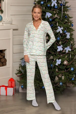 Trendyol Off-White 100% Cotton Christmas Themed Shirt-Pants and Knitted Pajamas Set