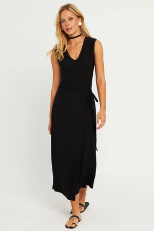 Cool & Sexy Women's Black Waist Tied Wrap Midi Dress