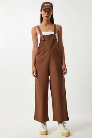 Happiness İstanbul Women's Brown Strappy Thin Gabardine Summer Gardener Overalls