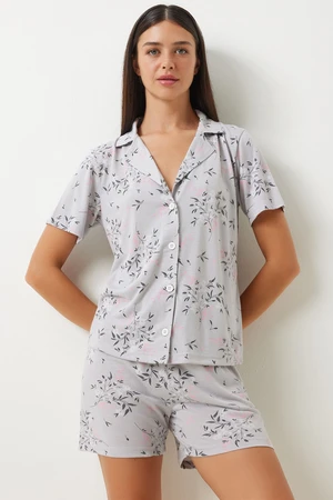 Happiness İstanbul Women's Gray Patterned Viscose Shorts Shirt Pajama Set