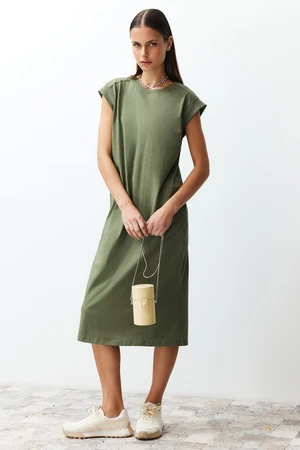 Trendyol Khaki Plain T-shirt Dress 100% Cotton Moon Sleeve Shift/Relaxed Cut Midi Midi Dress