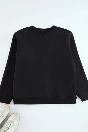 Trendyol Curve Black Thick Inside Fleece Regular/Normal Mold Crew Neck Basic Knitted Sweatshirt