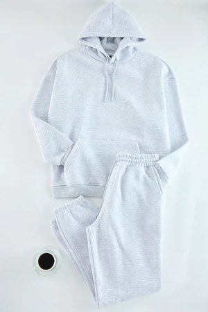 Trendyol Grey Melange Oversize/Wide Cut Hooded Inside Polar Fleece Sweatshirt Tracksuit