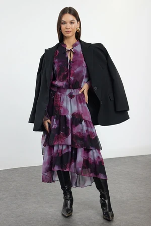 Trendyol Limited Edition Plum Shawl Pattern Skater Ruffle Midi Woven Winter Dress