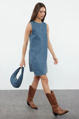 Trendyol Blue Oversize Tie Detail Mini Denim Dress