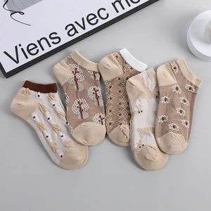 5Pairs Spring Summer Cotton Jacquard Fashion Elegant Vintage Floral Women Short Ankle Socks Girls Harajuku Ethnic Dress Sox Gift