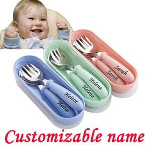 Personalize Any Name Baby Gadgets Tableware Set Children Utensil Stainless Steel Toddler Dinnerware Infant Feeding Spoon Fork