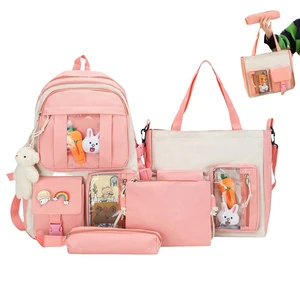 Kawaii Backpack Set 4-pcs Girls School Backpack Shoulder Bag Pencil Bag Waist Bag Set With Cute Pins And Pendants For Girls