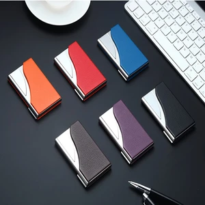 Business Card Case Fashion Portable Credit Card Box Lychee PULeather ID Business Card Case Metal Business Card Holder Party Gift