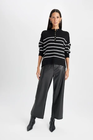 DEFACTO Culotte Double Pocket High Waist Wide Leg Faux Leather Trousers