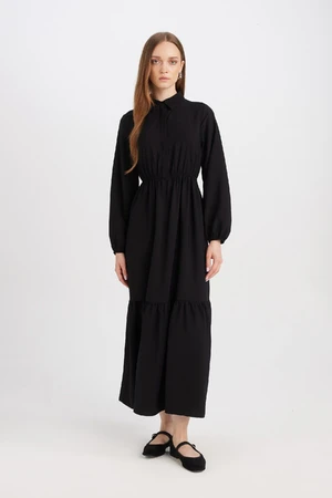 DEFACTO Shirt Collar Basic Plain Buttoned Waist Gathered Long Sleeve Maxi Black Dress