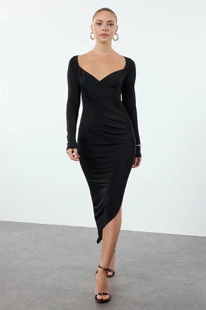 Trendyol Black Plain Midi Gathered/Draped Asymmetrical Fitted/Fits Body Knit Dress