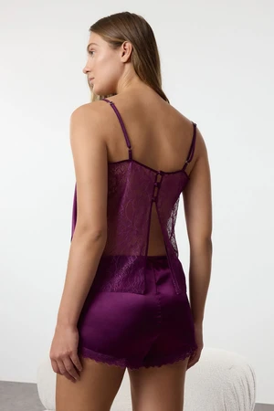 Trendyol Plum Lace and Back Detailed Rope Strap Satin Woven Pajama Set