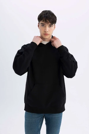 DEFACTO Black Oversize Fit Wide Mold Hooded Kangaroo Pocket Basic Plain Sweatshirt