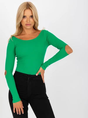 RUE PARIS green ribbed basic blouse with elbow cutouts