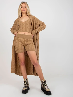 Camel three-piece knitted set with top and shorts