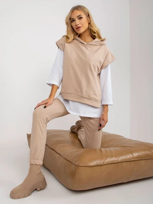 Beige three-piece casual set with sweatshirt