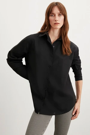 GRIMELANGE Celia Women's 100% Cotton Oversize Single Pocket Long Black Shirt