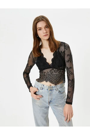 Koton Lace Blouse Sheer Crop V Neck