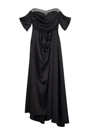 Trendyol Curve Black Low Sleeve Stone Accessory Slit Long Woven Stylish Plus Size Evening Dress