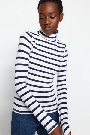 Trendyol Navy Blue Premium Soft Fabric Turtleneck Fitted/Situated Stripe Knitted Blouse