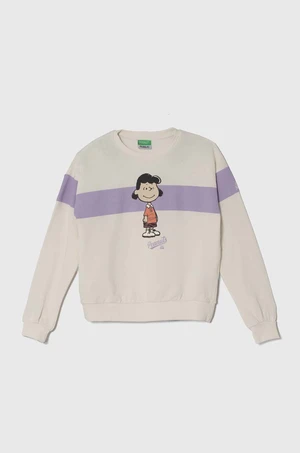 Dětská bavlněná mikina United Colors of Benetton x Snoopy béžová barva, s potiskem