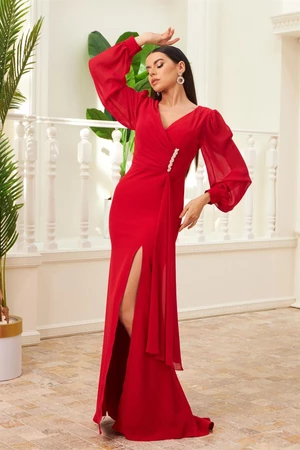 Carmen Red Chiffon Long Evening Dress with Buckle Detail