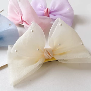 Korean Gauze 3D Bow Pearl Hair Clips Princess Sweet Barrettes for Children Headwear Girls Kids Hair Accessories