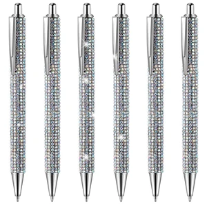 6 Pcs Cute Pen Bling Diamond Pens Christmas Rhinestones Gift Silver Metal Ballpoint Pens Fancy Sparkly Crystal Pens