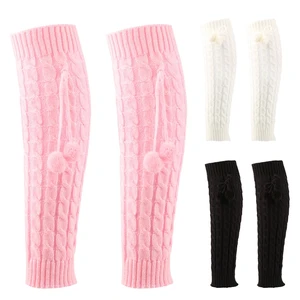 Women Winter Cable Knitted Leg Warmers with Plush Ball Bowknot Crochet Boot Cuffs Toppers School Student Thermal 37JB