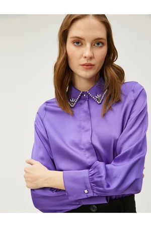 Koton Satin Shirt with Stones and Hidden Buttons