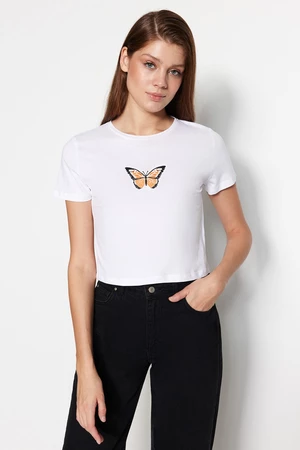 Trendyol White 100% Cotton Butterfly Embroidery Crop Crew Neck Knitted T-Shirt