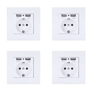 4X Pc Panel Wall Power Socket Grounded 16A Eu Standard Electrical Outlet With 2100Ma Dual USB Charger Port For Mobile