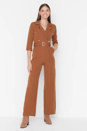 Trendyol Brown Belted Long Overalls, Woven Double Breasted Collar