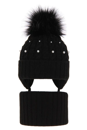 AGBO Girl's winter set: hat and tube scarf black Safona with pompom