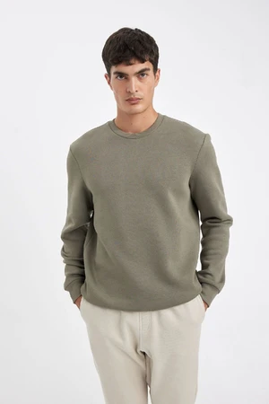 DEFACTO Khaki3 Thread Cotton Raised Polar Fleece Regular Fit Crew Neck Thick Sweatshirt