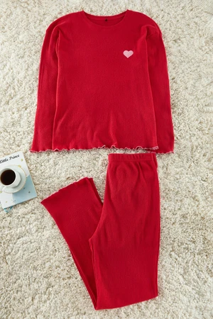 Trendyol Curve Red Ribbed Printed Knitted Pajama Set