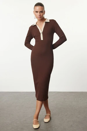 Trendyol Brown Color Block Bodycone/Fits the Body Snap Detail Midi Knit Dress