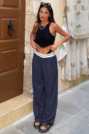 Madmext Navy Blue Belt Detailed Wide Leg Trousers