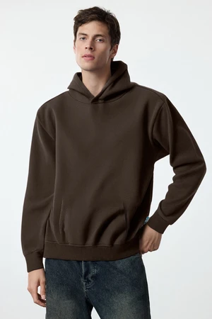 Trendyol Dark Brown Oversize/Wide Cut Fleece Inside Hooded Sweatshirt