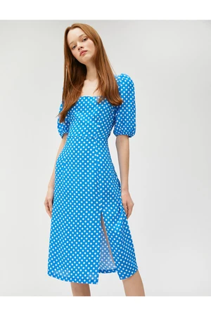 Koton Polka Dot Midi Dress Square Neck Balloon Sleeves Slit