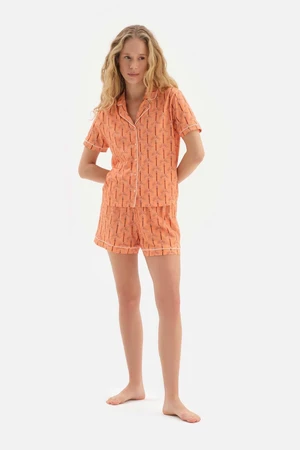 Dagi Orange Shirt Collar Printed in Sizes and Knitted Pajamas Set