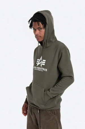 Mikina Alpha Industries Basic Hoodie 178312.257-green, pánska, zelená farba, s kapucňou, s potlačou