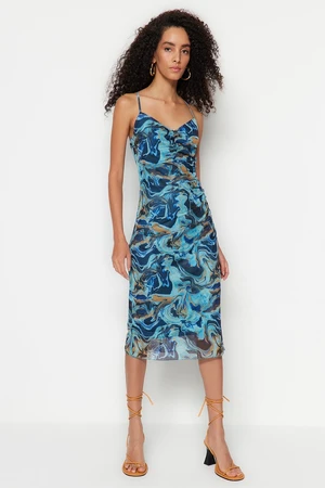 Trendyol Blue Patterned Pleated Tulle Knitted Dress